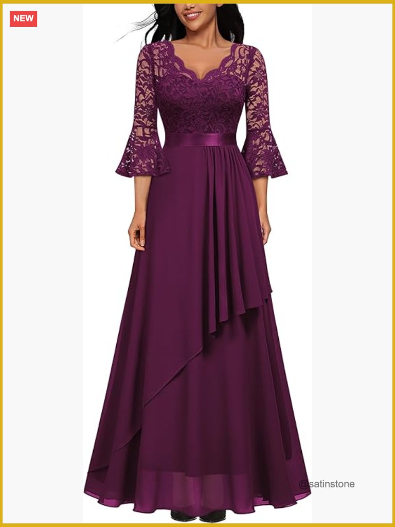 Elegant V-Neck Floral Lace Bell Sleeve Formal Maxi Dress